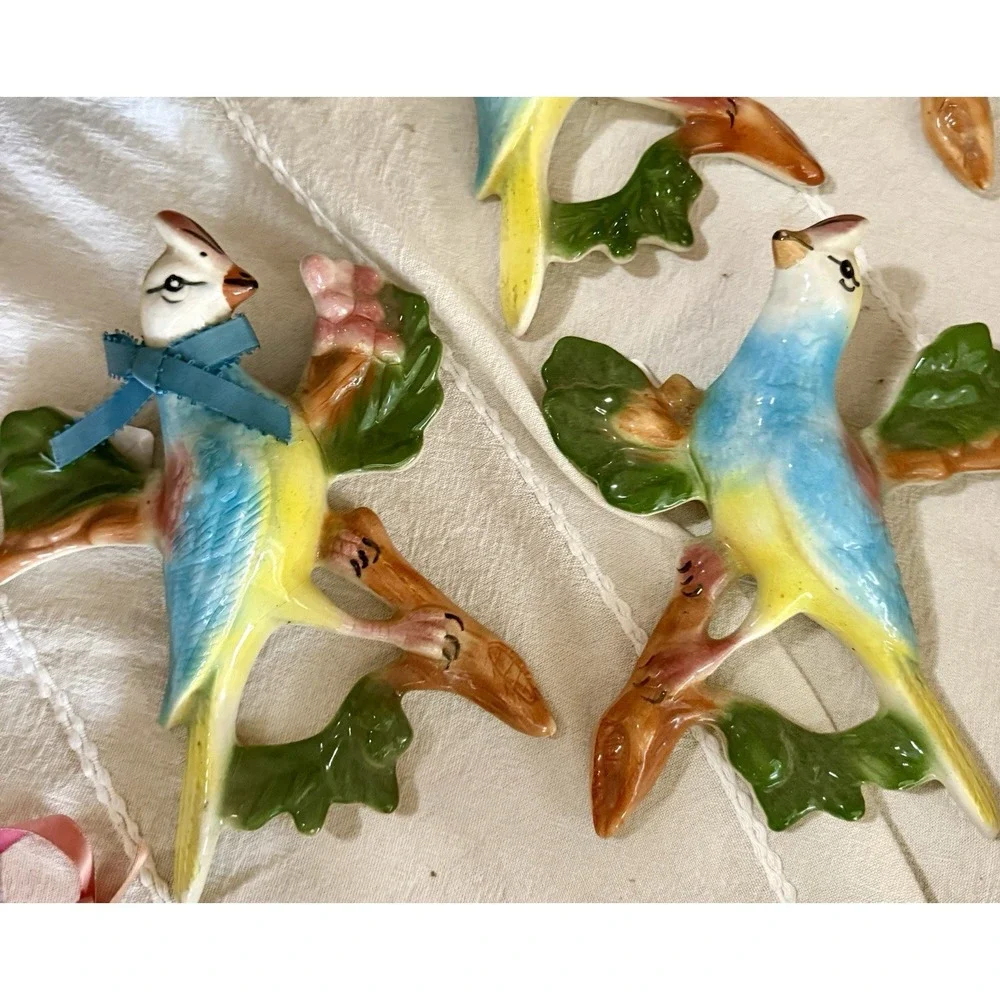 Pair of Mid-Century Chalkware Parrot Cockatiels Bird Wall Hanging Sculptures MCM